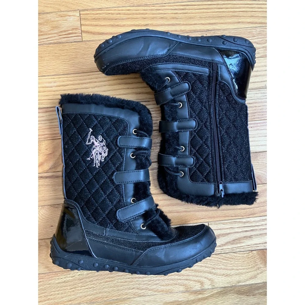 US Polo Assn Black Glitter Quilted Fur Trim Winter Snow Boots‎ Girls Size 6 Logo